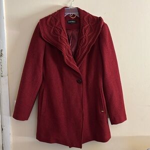 Ellen Tracy Red Wool Blend Lined Belted Knit Trim‎ Coat Size L NWOT
